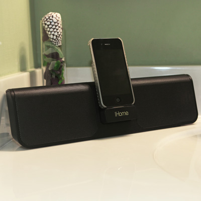 iHOME® Portable Speaker System - This sleek speaker system provides an exceptional audio experience. It features SRS TruBass and Reason8 Speaker Chambers giving your music extra bass, clarity, and sound beyond its size.  This device also has a retracting universal dock that charges and plays iPhones® and docking iPod® models. You can take your music anywhere thanks to the IP46’s rechargeable battery and folding support and stand. It includes an AC adapter and a user’s manual.